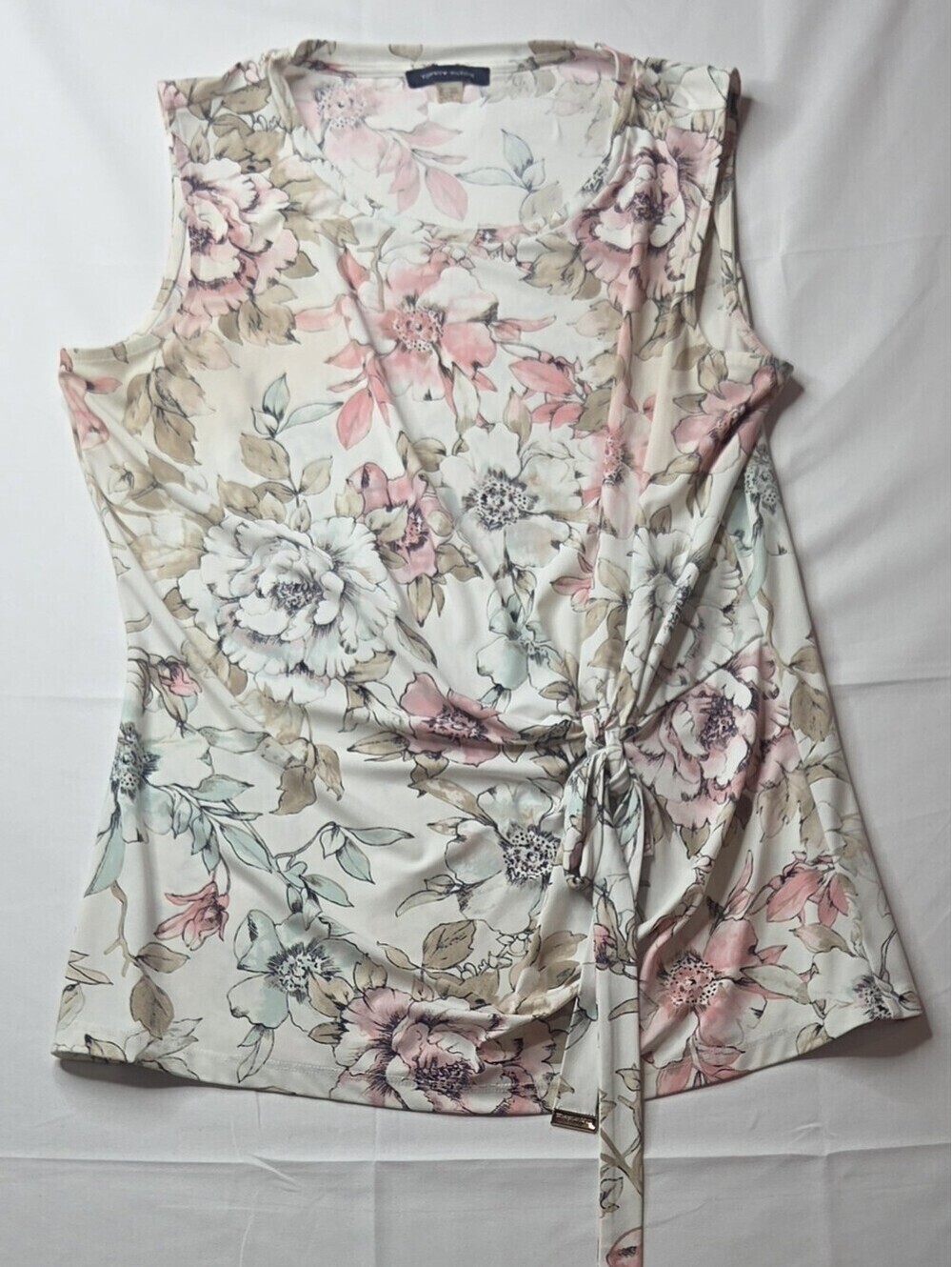 Tommy Hilfiger Ruched Side Tie Floral Blouse Lg Pastel Watercolor Faux Wrap Top